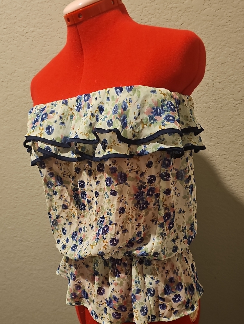 Strapless Floral Ruffle Top in Cream and Blue